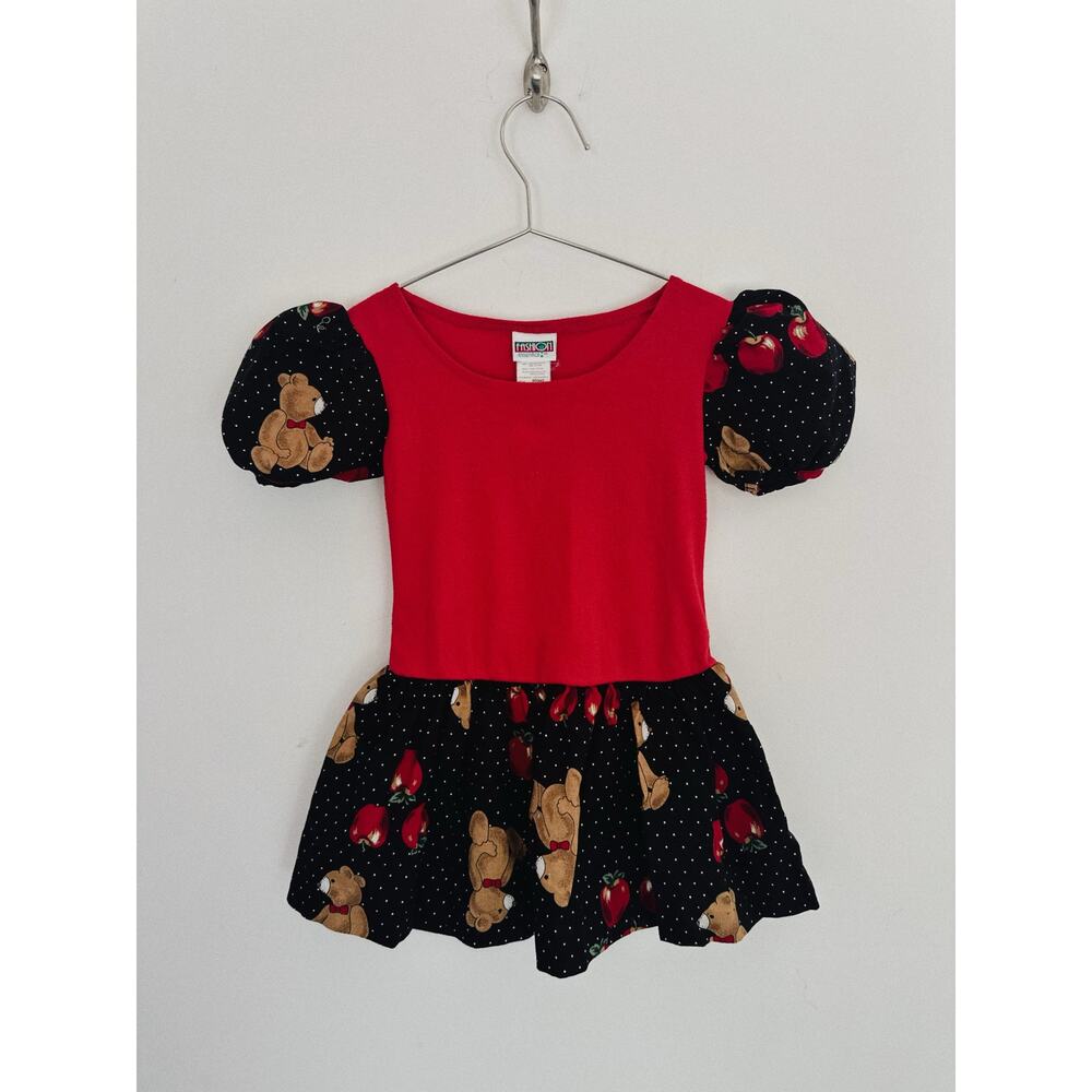 Vintage 90s Teddy Bear Apple Dress Girls | Puff Sleeve Dress | Cottagecore